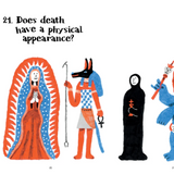 A children's book or educational print page featuring the text '21. Does death have a physical appearance?' above four hand-drawn style illustrations on a white background.