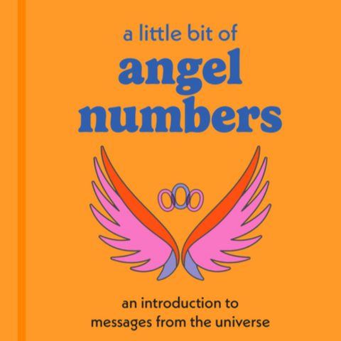Book cover of 'A Little Bit of Angel Numbers' with angel wings and text on an orange background