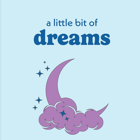 The front cover of the book 'a little bit of dreams: an introduction to dream interpretation' by Stase Michaels. The cover features a light blue background with a purple crescent moon and cloud illustration accented by small blue stars.