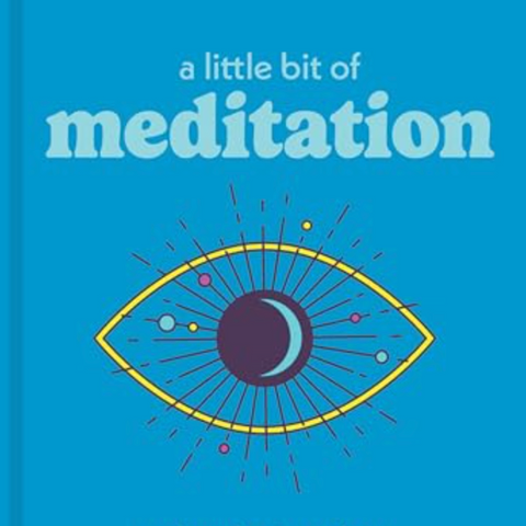Front cover of the book 'a little bit of meditation: an introduction to focus' by Amy Leigh Mercree, featuring a bright blue background with a stylized yellow eye illustration and a purple moon.