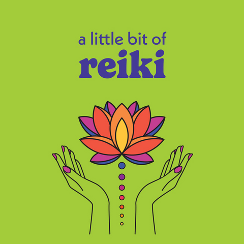 The front cover of the book 'a little bit of reiki' by Valerie Oula, featuring a bright lime green background, a colorful lotus flower, and two hands holding it, shown against a blurred book store webpage background.