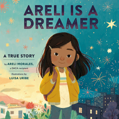 Book cover of 'Areli is a Dreamer' with a girl in a yellow jacket and cityscape background.