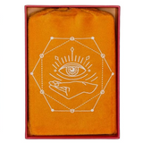 The 'Awakening Intuition' Oracle Deck and Guidebook set by Sandra Carmichael-Schneideron, shown with the book on the left and its contents inside the red box on the right, featuring a bright orange fabric pouch with a white line-art design.