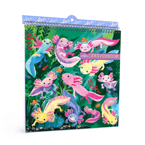 Sketchbook with axolotl illustrations on a white background