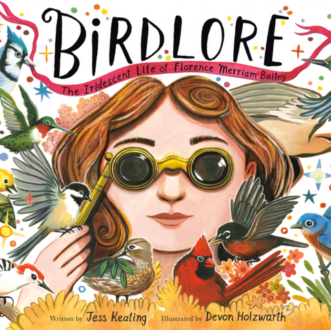 Book cover of 'Birdlore' with a woman surrounded by birds and colorful text.