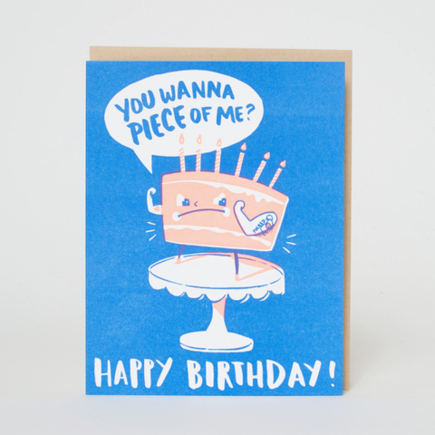 Birthday card with a cake illustration and text on a blue background