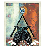 A stylized tarot card illustration featuring two black crows perched on a branch with white blossoms, beneath a globe suspended by ropes, with the Roman numeral II at the top. The background is a textured mix of blue, orange, and cream tones.