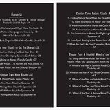 A two-page spread of printed content with black pages showing white text, titled 'Contents,' listing chapter and section headings such as 'Introduction: Witchcraft Is for Everyone,' 'Chapter One: Rituals to Get You Started,' and 'Chapter Three: Nature Rituals.'.