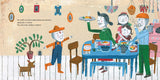 A colorful illustrated family dinner scene with multiple people gathered around a blue table, plus Spanish text on the left and whimsical hanging decorations in the background.