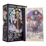 Ethereal Visions Tarot 'Luna Edition' box and card deck shown on a clean white background. The illustrated box features a dark Art Nouveau design with a woman surrounded by white flowers, and the card on the right has a cream background with a matching illustrated portrait and purple decorative text.