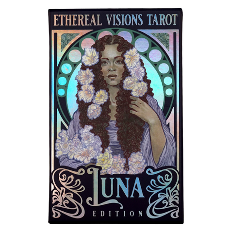Ethereal Visions Tarot 'Luna Edition' card featuring an Art Nouveau style illustration of a woman with long dark curly hair adorned with white flowers, set against a circular stained-glass-like background with pastel blue, pink, and green hues.