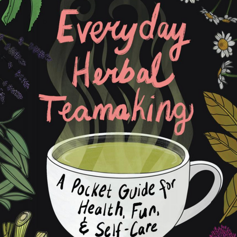 Book cover for 'Everyday Herbal Teamaking' by Glenna A. McLean, featuring a white mug filled with green herbal tea on a black background decorated with botanical illustrations.