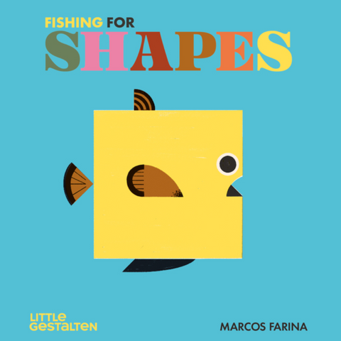Book cover of 'Fishing for Shapes' with a yellow fish illustration on a blue background.