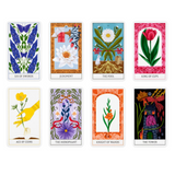 Eight illustrated tarot-style cards arranged in two rows on a white background. The cards show floral and mystical imagery with titles including 'Word of God', 'Eloquence', 'The Fork', 'King of Cups', 'Ace of Coins', 'The Hierophant', 'Knight of Wands', and 'The Tower'.