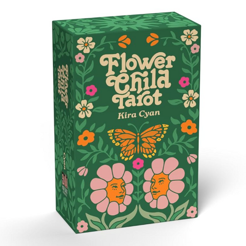 The 'Flower Child Tarot' deck box by Kira Cyan, featuring a dark green background decorated with colorful flowers, a butterfly, and flower faces, shown on a clean white background with a soft shadow.