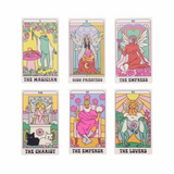 Six illustrated tarot-style cards arranged in a 2x3 grid on a white background: The Magician, High Priestess, The Empress, The Chariot, The Emperor, and The Lovers.