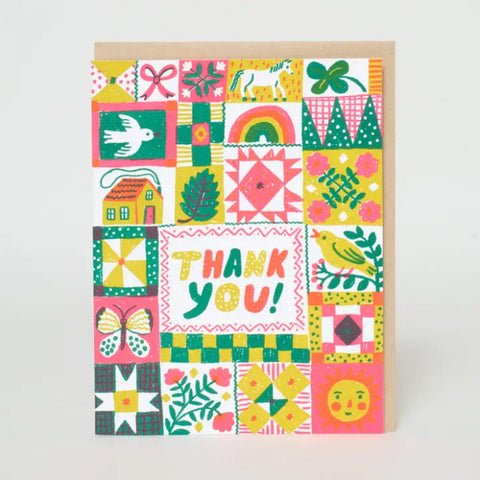 Colorful patchwork-style card with 'Thank You!' text on a white background