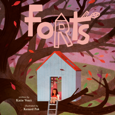 Book cover of 'Forts' with a treehouse and ladder illustration.