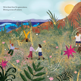 A colorful illustrated landscape scene with children playing outdoors among grass, flowers, and plants. A large central blurred rectangle obscures much of the middle of the artwork.