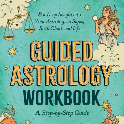 Book cover of 'Guided Astrology Workbook' with astrological symbols and a woman holding a globe.