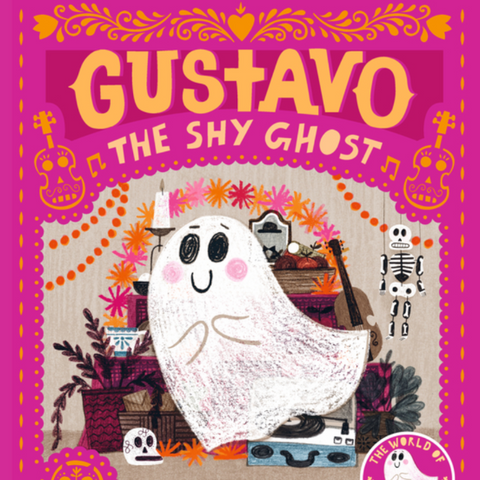 Book cover of 'Gustavo the Shy Ghost' with a ghost character and colorful decorations on a pink background.