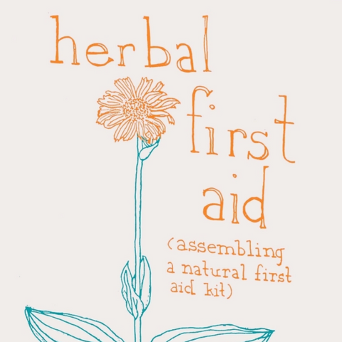 A book cover titled 'herbal first aid' with a stylized botanical illustration in teal and orange on an off-white background.