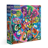 Colorful puzzle box with astrological design on a white background