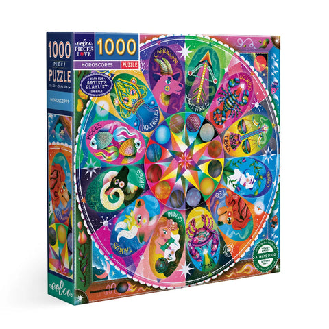 Colorful puzzle box with astrological design on a white background