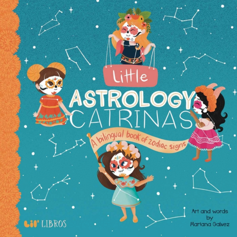 Book cover of 'Little Astrology Catrinas' with illustrations of catrinas and zodiac signs on a blue background.
