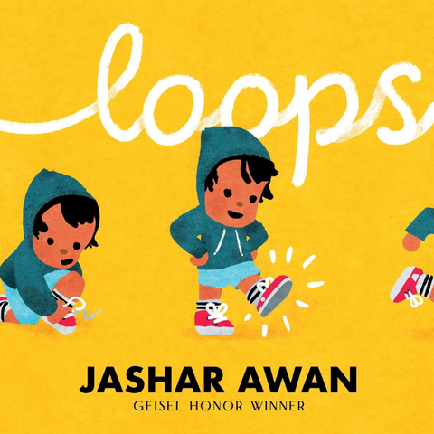 A book cover for 'loops' by Jashar Awan, featuring a bright yellow background with playful illustrated children in teal hoodies and colorful sneakers. The title 'loops' is written in large white script across the top, and the author's name is printed in black at the bottom.
