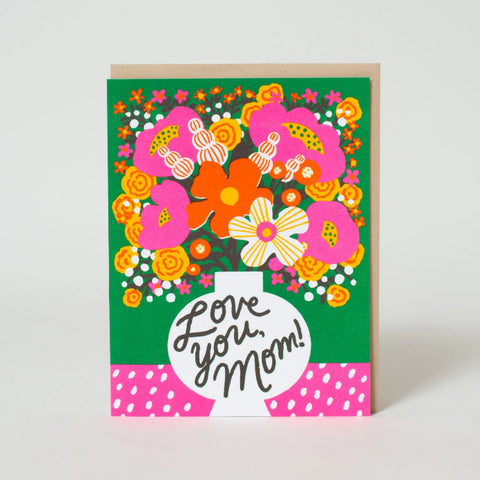 Colorful card with floral design and 'Love you, Mom!' text on a white background
