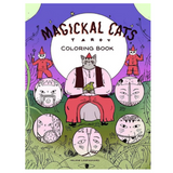 Front cover of the 'Magickal Cats Tarot Coloring Book' by Helina Larasario, featuring a whimsical illustration of a cat in a magician outfit surrounded by circular cat faces and magicians, set against a purple and green background.