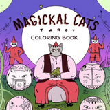 Front cover of the 'Magickal Cats Tarot Coloring Book' by Helene Lespagnard, featuring whimsical cartoon illustrations of cats and cats in red outfits against a purple and green background.