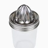A stainless steel manual citrus juicer with a clear plastic container, shown against a plain white background.