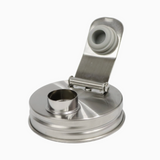 A stainless steel bottle cap with a hinged flip-up spout and a circular threaded opening, shown on a plain white background.