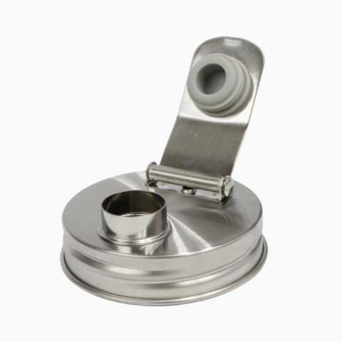 A stainless steel bottle cap with a hinged flip-up spout and a circular threaded opening, shown on a plain white background.
