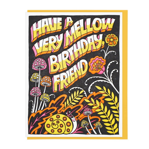 Greeting card with colorful text and illustrations on a black background