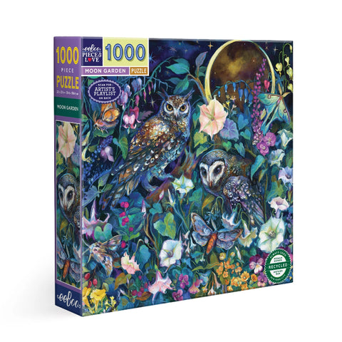 Jigsaw puzzle box with owls and flowers design on a white background
