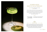 A printed cocktail recipe card featuring a photograph of a green Scorpion Moon cocktail in a coupe glass on the left, with the title 'SCORPIO MOON DEATH IN THE AFTERNOON,' ingredients, and descriptive text on the right.