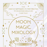 Book cover for 'Moon, Magic, Mixology' by Julia Halina Hadas, featuring a white background with elegant gold celestial line art and typography.