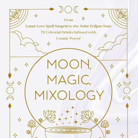 Book cover for 'Moon, Magic, Mixology' by Julia Halina Hadas, featuring a white background with elegant gold celestial line art and typography.