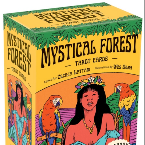 Box of Mystical Forest Tarot Cards with colorful illustration of a woman and parrots.