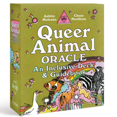 Box of 'Queer Animal Oracle' with colorful animal illustrations on a green background