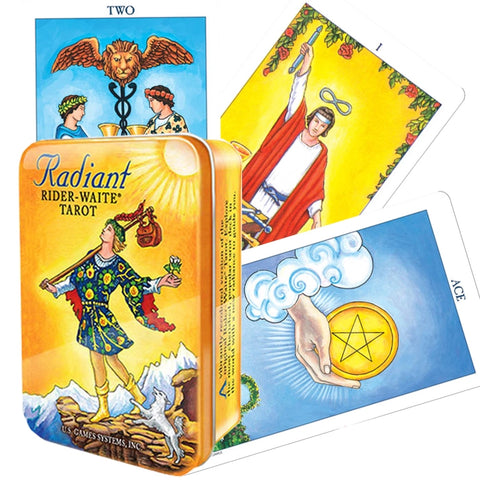 Radiant Rider-Waite Tarot deck with its illustrated tin box and three sample cards fanned out behind it on a white background.