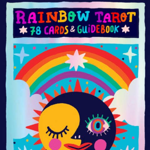 Cover of 'Rainbow Tarot' with a stylized face holding cards and a rainbow in the background.