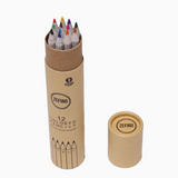 A 12-piece set of Zefiro colored pencils in a brown cardboard tube, shown with the cap off next to it on a plain white background.