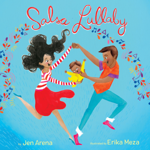 Book cover of 'Salsa Lullaby' with illustration of a couple dancing and child, on a blue background.