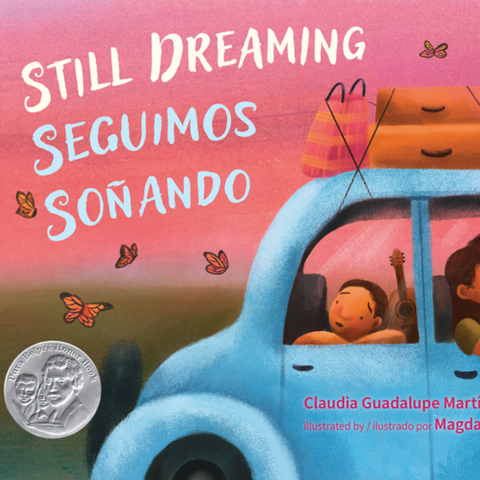 Book cover of 'Still Dreaming' with a blue car and two people inside against a pink sky.