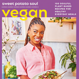 Front cover of the book 'vegan vibes' by Jenné Claiborne, featuring a purple border, a photo of a smiling woman holding a bowl of food, and large yellow title text.