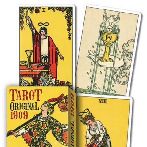 Four tarot cards from the 1909 edition with colorful illustrations on a white background.